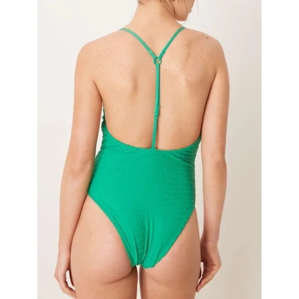 NIKE Swoosh Textured One Piece Swimsuit V Neck Y Back NEW Green Terry XL